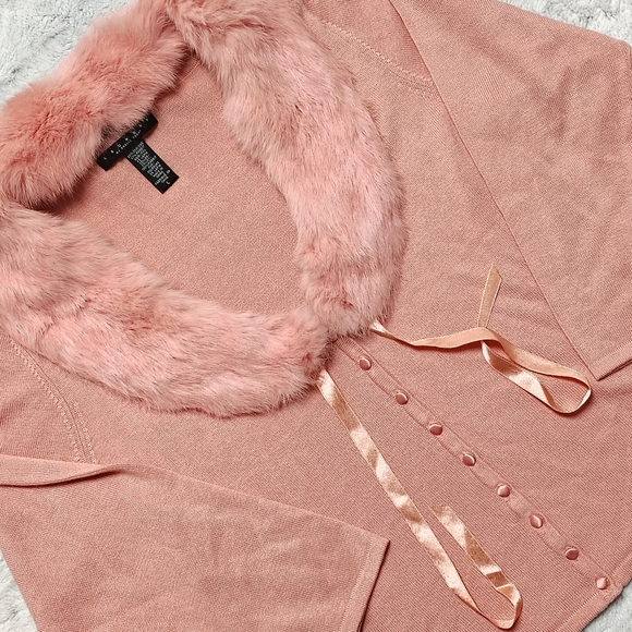 Laundry Shelli Segal Silk Rabbit Fur Sweater Women's Large Pink Fur Collar Soft - Picture 9 of 10
